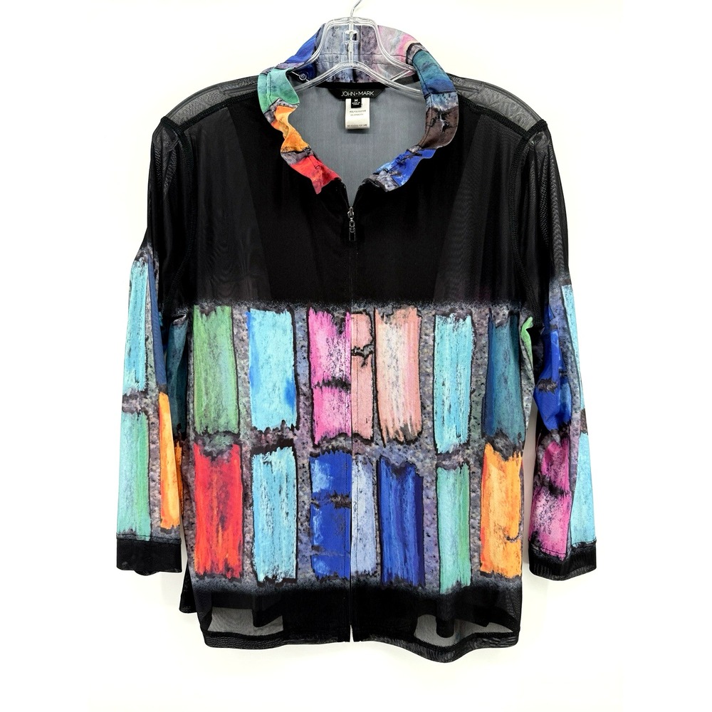 John Mark Jacket Medium Sheer Multicolor Mesh Zip Up Standing Ruffle Collar